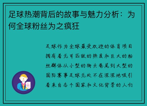 足球热潮背后的故事与魅力分析：为何全球粉丝为之疯狂